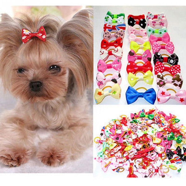 10PCS Bowknot Cute Dog Rubber Band Handmade Pet Grooming Accessories Mixed Ribbon Hair Bow Color random